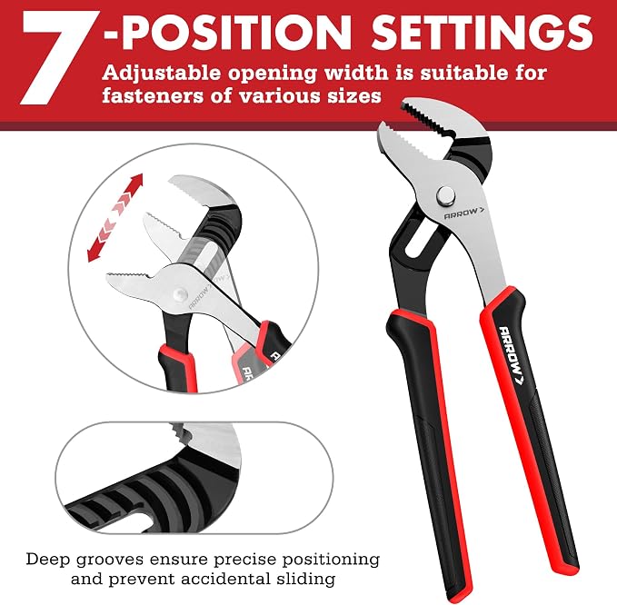 ARROW 10-Inch Groove Joint Pliers, Adjustable Water Pump Pliers with TPR Handle, High Carbon Steel Tongue and Groove Plier for Plumbing, Automotive and Household Repairs