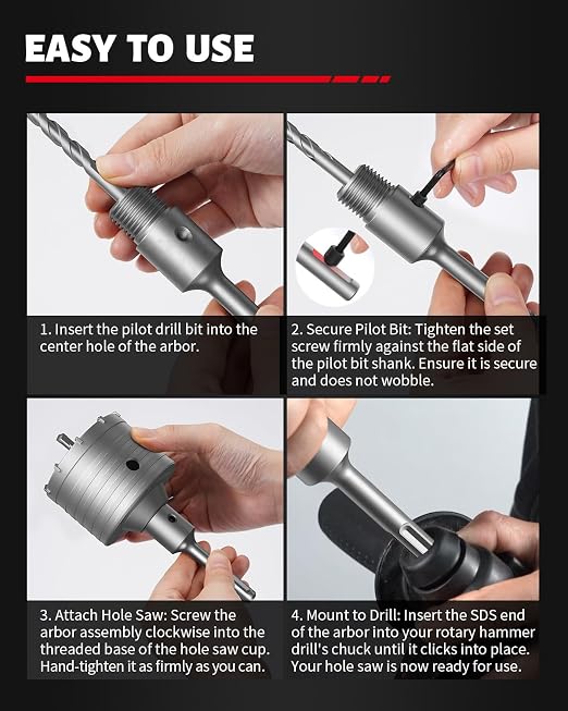 DAYDOOR Concrete Hole Saw Kit, 6-Piece Masonry Hole Saw Kit SDS Plus Shank Adapter, 1-9/16", 2-9/16", 3-1/8", 4", 5" Concrete Core Drill Bits Set for Brick, Cement Wall, and Stone
