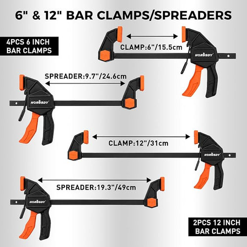 10-Piece Bar Clamp Set for Woodworking, 4 x 6-inch & 2 x 12-inch One-Handed F Clamp/Spreader, 132 lbs Load Capacity, Includes Spring Clamps & 90° Angle Clamp, Quick-Release Grip