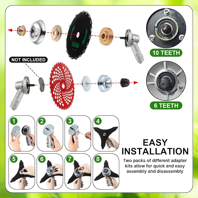 Duraaamo 7 Pcs Brush Cutter Kit Include 9" x 36T Carbide Tipped Blades, 9" x 20T and 10" x 3T Blades with Adapter Kit and Trimmer Head Replacement