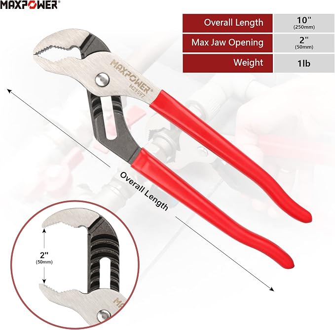 MAXPOWER 10 inch Groove Joint Pliers, Quick Adjustable Serrtated V Jaw Tongue and Groove Pliers