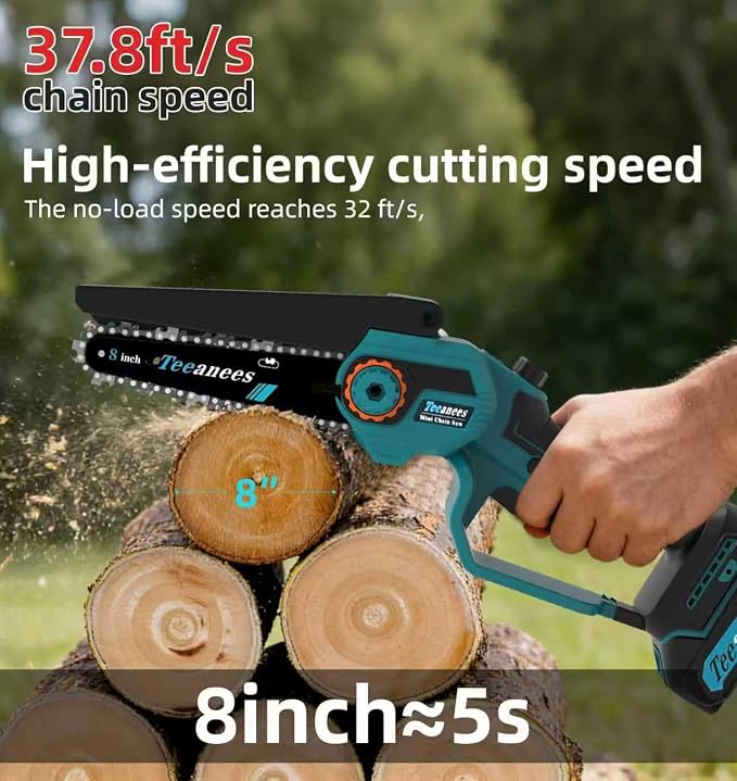 8" Brushless Mini Electric Chainsaw, 1200W Chainsaw Cordless with 4.0Ah Battery & 4 Chains, 2-in-1 Dual Bar (8" & 6") Mini Chain Saw Battery Powered, for Tree Trimming (Blue, 1 Battery)