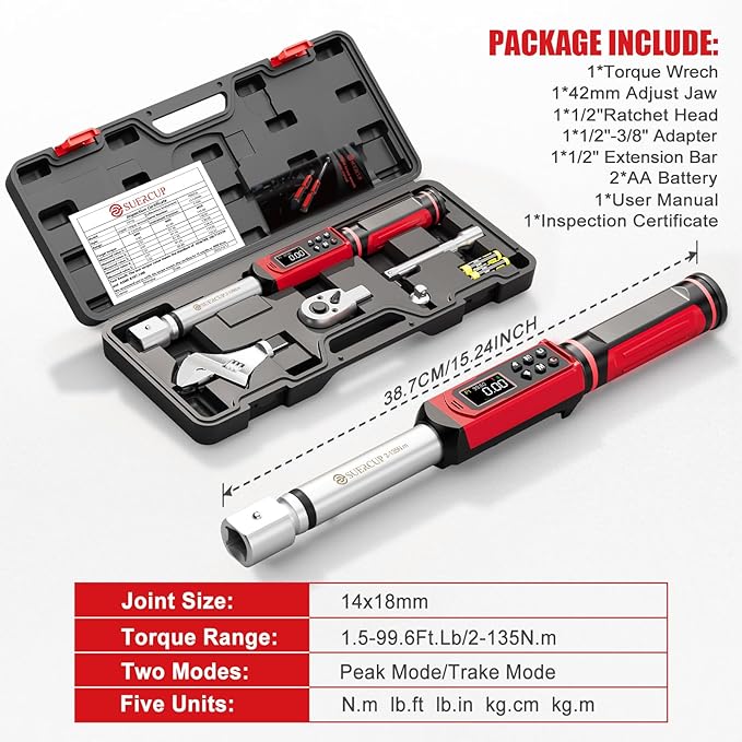 SUERCUP Adjustable Digital Torque Wrench 1.5-99.6Ft.Lb/2-135N.m,14x18 mm Open End Torque Wrench with 1/2 Drive Ratchet Head&42mmJaw,Vibration,Buzzer and LED Notification for HVAC,Car,Heat Pump Piping