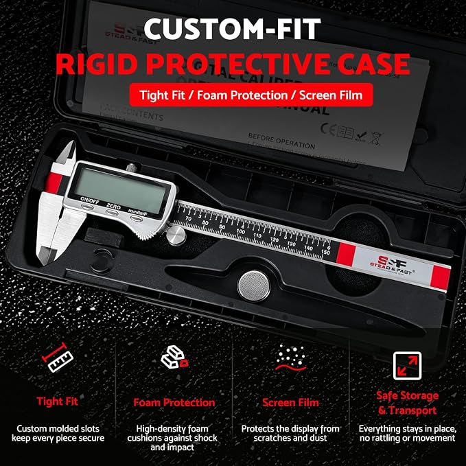 S&F STEAD & FAST Digital Caliper Measuring Tool 6 inch with Extra Large LCD Screen, Stainless Steel Micrometer Caliper Digital IP54, Measures Inch Mm Fraction for Workshop, 3D Printing