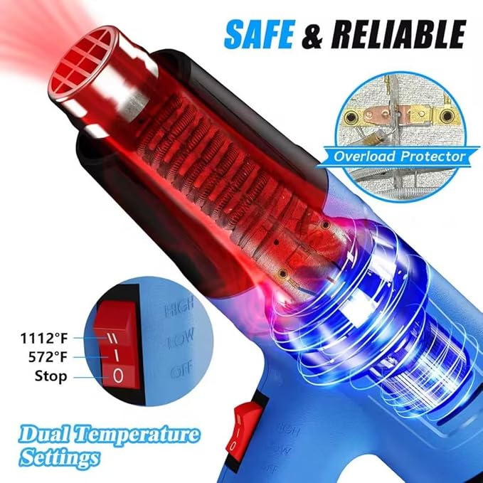 Heat Gun, 110V Adjustable Hot Air Gun with 4 Nozzles, Rear Rotating Temp Control, 50-650℃ (122-1202℉）Range, Overload Protection, 4.9FT Cord Portable Handheld Heat Gun' for Crafts, Shrink Wrap