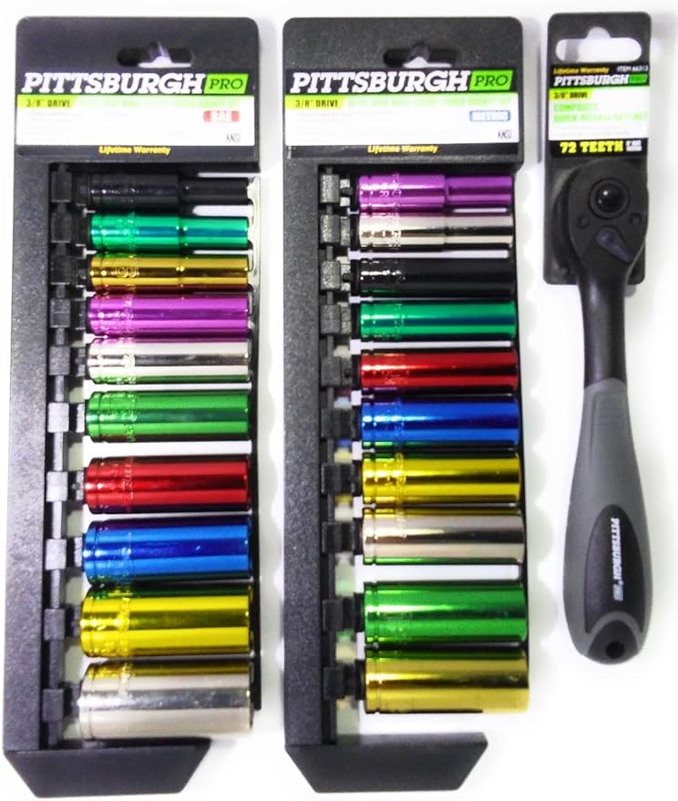 SAE/METRIC Deep Wall Color Coded Socket Sets With Composite Ratchet BUNDLE (3/8")