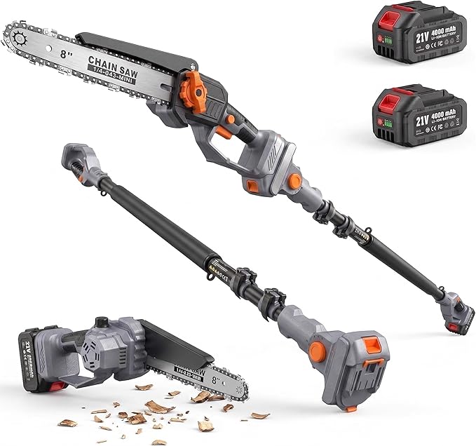 TaskStar 2-in-1 Pole Saw for Tree Trimming, 8-Inch Cordless Brushless Chainsaw with Adjustable Extension Pole, 2×4.0Ah Rechargeable Batteries & Charger, Auto Oiling, 15 Ft Max Reach