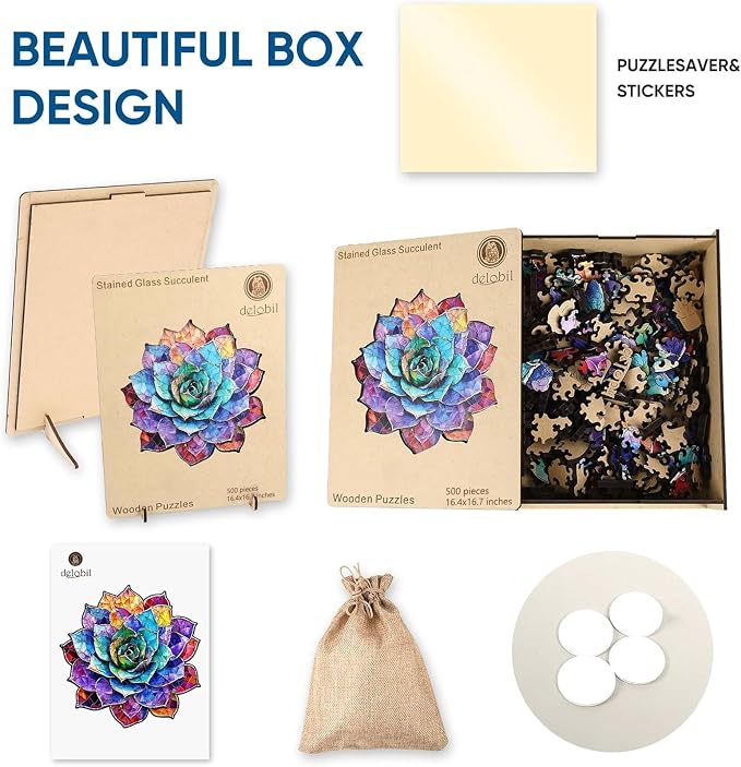 Delobil Stained Glass Succulent Wooden Puzzles for Adults, 500 Pieces Mandala Jigsaw Puzzles, Unique Shaped Royal Size Wood Puzzle Gift for Kids, Family Game 16.4'' x 16.7''
