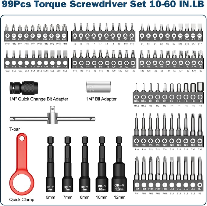 VANPO Torque Screwdriver Set 10-60 in-lb, 99-Piece Torque Driver Kit | with T-Bar & 1/4" Quick-Change Adapter, Adjustable for Scope Mounting, Bicycle & Electronics Maintenance