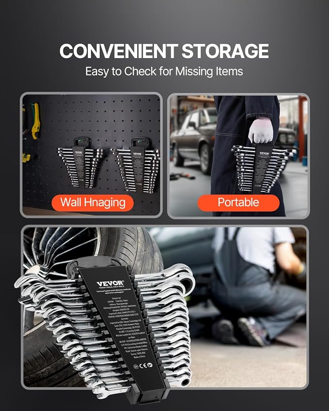 VEVOR Combination Wrench Set, 16-Piece Ratcheting Wrench Set with Organizer Rack, Cr-V Steel, Metric 8 mm to 24 mm, Ideal for General Household, Garage, Workshop, Auto Repairs, Emergency
