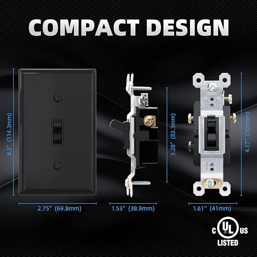 ELEGRP 3 Way Toggle Light Switch with Plate - 15 Amp, 120V Quiet AC Switch - In Wall On/Off, Self-Grounding - Residential & Commercial Grade, UL Listed (5 Pack, Glossy Black)
