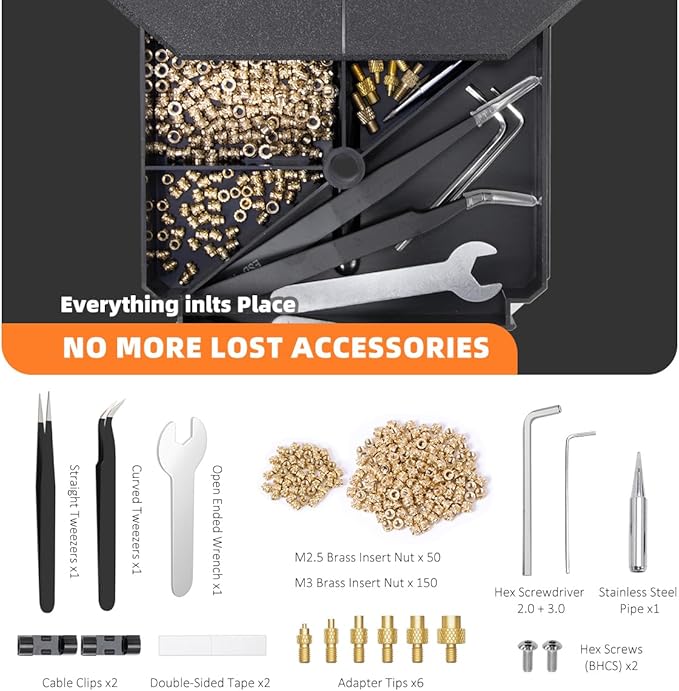 Heat Set Insert Tool with 200PCS Brass Inserts & 90W Soldering Iron | 3D Printer Tools for M2/M3/M4/M5/M6/M8 Threaded Knurled Nuts | Professional Installation Kit for PLA, ABS, PETG Plastic Parts