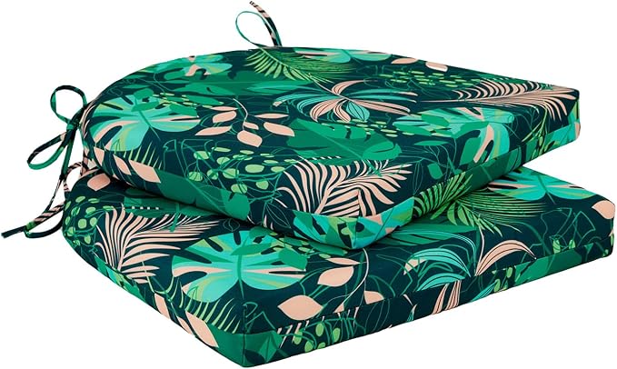 Cozyide Outdoor Chair Cushions, Waterproof Patio Seat Cushions with Adjustable Straps, Round Corner Patio Chair Cushions for Garden, Green Leaf, 17x16x2 Inch (Pack of 2)
