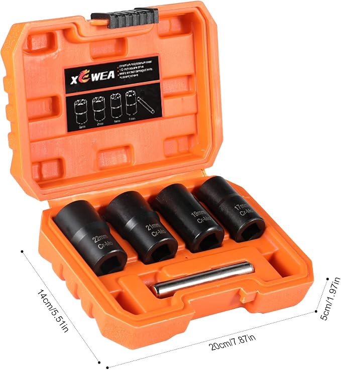 XEWEA 5PCS 1/2 Drive Lug Nut Bolt Extractor Set, Wheel Lock Removal Kit | Imapact Easy Out Broken Wheel Tire Lug Nut Extraction/Remover Socket Tool Set, For Removing Damaged, Frozen, Studs, Cr-Mo