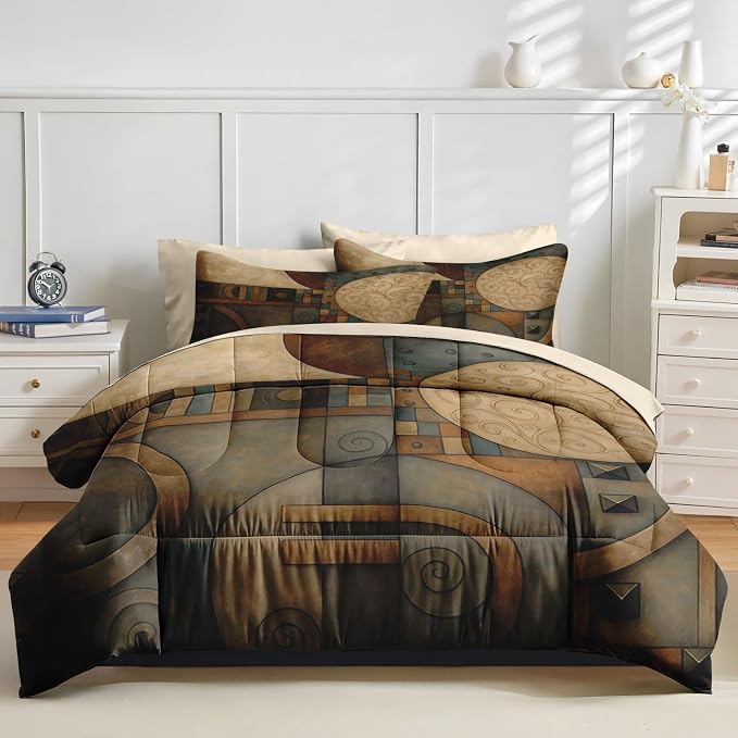 Nesker Comforter Set Queen Size, Geometry Vintage 7 Pcs Bedding for Kids and Adults, Abstract King Retro Tribe Bed Sheet Sets with Fitted Sheet 2 Pillowcases & 2 Shams