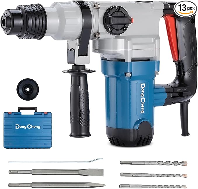 DongCheng 1-1/8 Inch SDS-Plus Rotary Hammer with 9.2A Motor, 3.6J Impact Energy, 5,000 BPM for Concrete & Demolition, Includes 3 Drill Bits, 2 Chisels, Case (Safety Clutch, 110V)