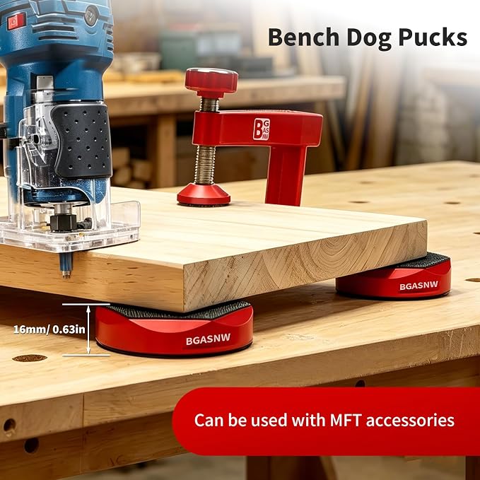 Bench Pucks for 3/4" Dog Holes, 4-Pack Aluminum with Removable Pegs