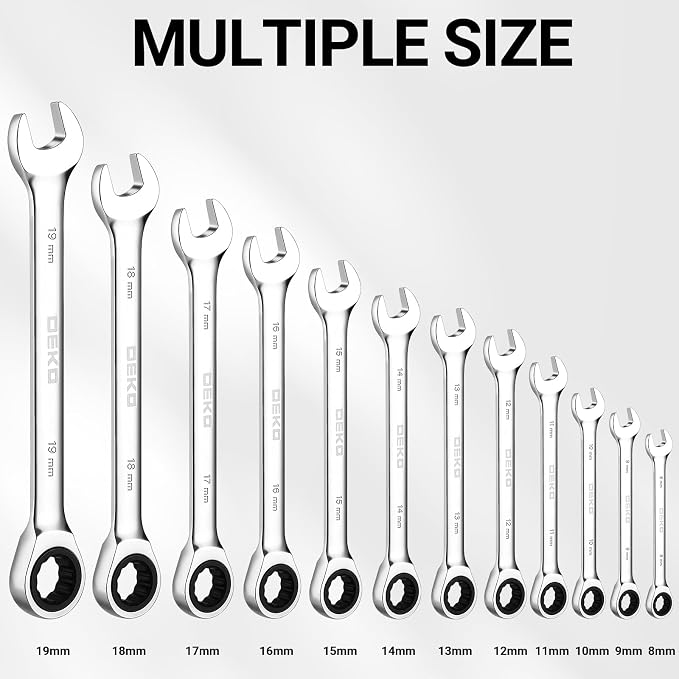 DEKOPRO 12-Piece Ratcheting Wrench Set 8-19mm Metric Standard, Fixed Head Combination Wrenches Set with Rack Organizer, Cr-V Steel, 12 Point 72 Teeth