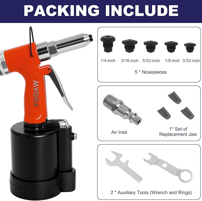 Wadoy Heavy Duty Air Rivet Gun, 3924 LBF Professional Pneumatic Pop Riveter with 5 Nosepieces (3/32", 1/8", 5/32", 3/16", 1/4"), Air Hydraulic Rivet Tool for Automotive, Metal Work & Industrial Use