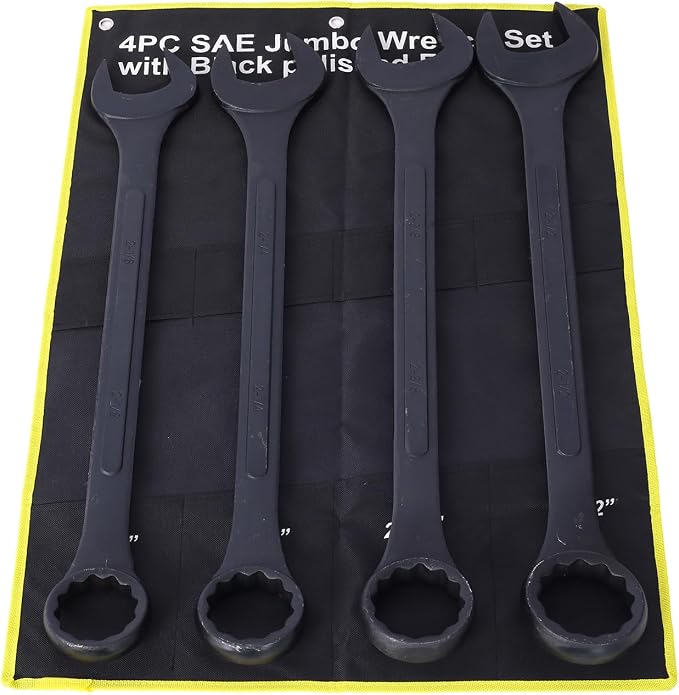 4PC Jumbo Combination Wrench Set, SAE, 2-1/8", 2-1/4", 2-3/8", 2-1/2 inch | Jumbo Wrench Set, Extra Large Combination Wrench Sets, Black Oxide Finish with Pouch (4PC-SAE)