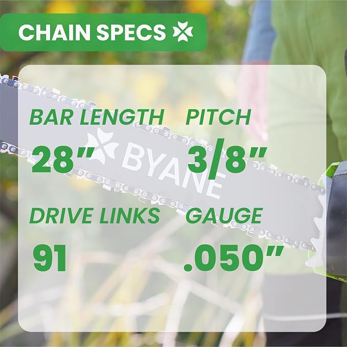 BYANE 28-Inch Carbide Chainsaw Chain 3/8" Pitch .050" Gauge 91 Drive Links | Skip Tooth for Stihl MS660, MS500i, MS461, and MS440 (Replaces 33RSF 91)