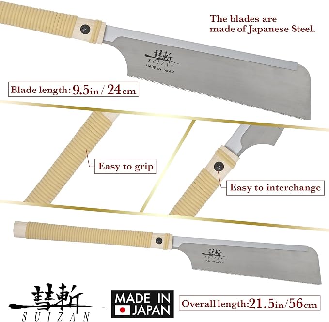SUIZAN Dozuki Dovetail Saw 9.5" Rip Cross Cut - Japanese Pullsaw Hand Saws | Professional Pull Saw for Woodworking Joinery Tenon Furniture Making DIY Tools Fine Wood Cut Miter Sharp Replaceable Blade