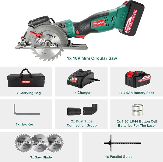 HYCHIKA Cordless Circular Saw, 18V Mini Circular Saw with 4.0Ah Battery, 3 Blades(4-1/2",4-9/10"), 3500RPM Max Cuting Depth:90°(48mm)/45°(32mm), Compact Circular Saw for Wood, Plastic and Soft Metal