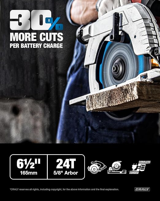 CRALY 6-1/2 Inch 24 Teeth Wood Cutting Framing Circular Saw Blade, 5/8 Inch Arbor, Carbide Tipped, Thin Kerf, Black Ice™, for Plywood, MDF, OSB, Laminated, 10-Pack(C0624FR-10)