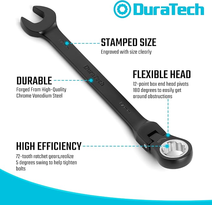 DURATECH 9-Piece Flex-Head Ratcheting Wrench Set, Metric | 8mm, 10mm, 11mm, 12mm, 13mm, 14mmm, 15mm, 16mm, 17mm,72 Tooth, Black E-Coating, CR-V Steel, Rolling Pouch
