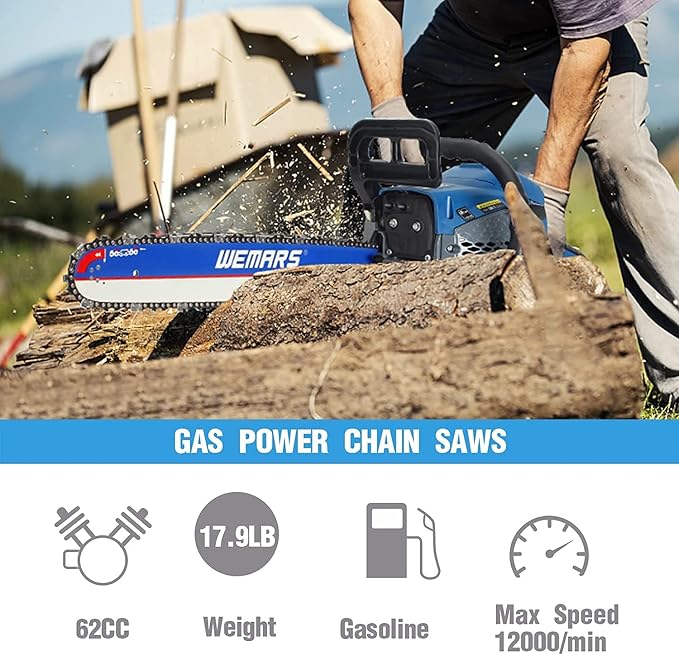 2-cycle 62CC Chainsaw Saw Gas Powered 20" Chain Saws Cordless Petrol Saw Handheld Chainsaw for Cutting Wood Trees Branches(6220G)