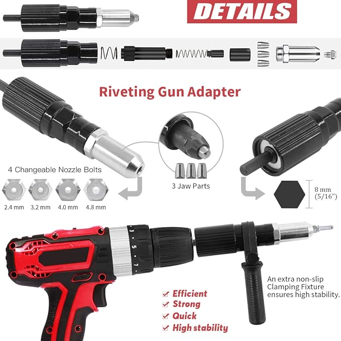 Hilitchi Professional Rivet Gun Adapter Kit with 210Pcs M3 M4 M5 Aluminum Assorted Rivets, 4Pcs Different Matching Nozzle Bolts, Wrench and Clamping Fixture for Cordless Drill, Sheet Metal Work