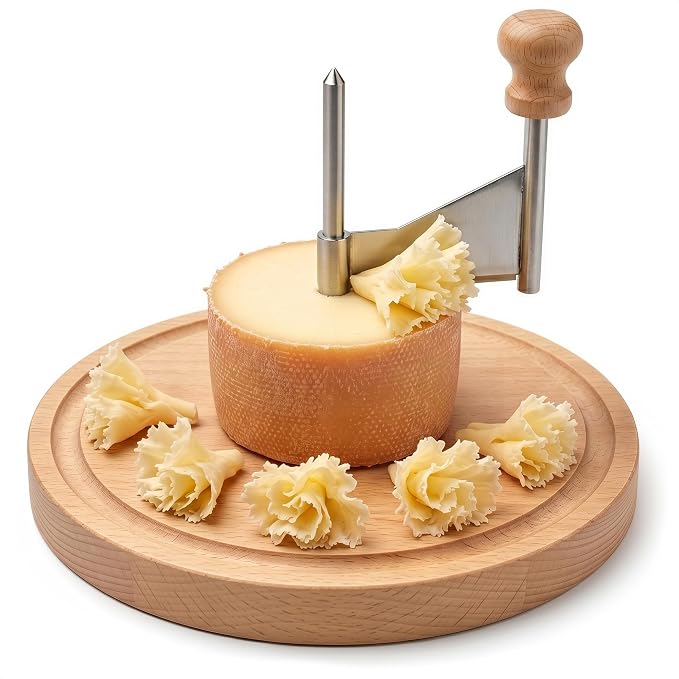 Flower Cheese Cutter for Making Rose-Shaped Cuts - Manual Rotating Cheese Shaver Tool with Stainless Steel Blade, Non-Slip Wood Base, Fasteners, Compatible with 16-18 cm Tête De Moine Cheese Wheel