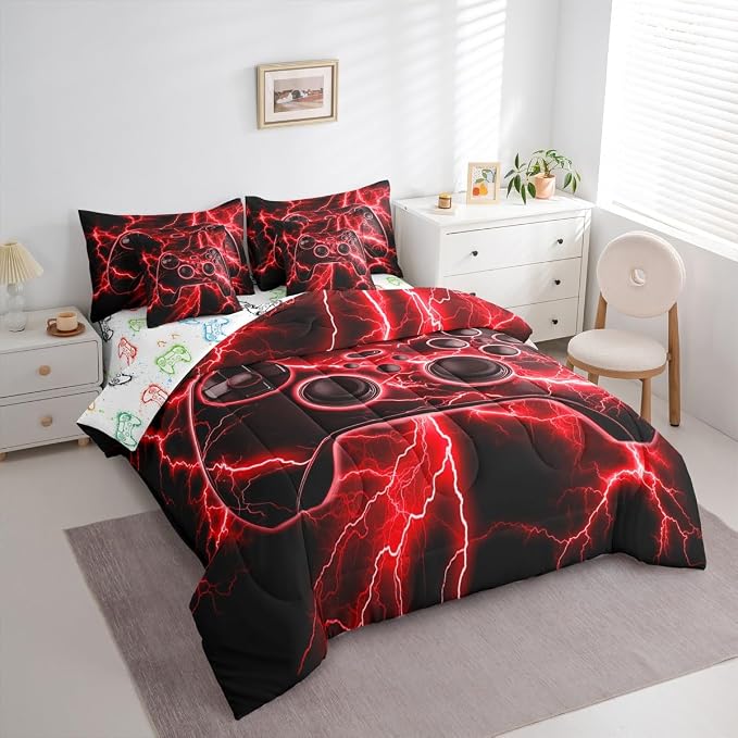 Erosebridal Gaming Comforter Set 7 Piece Bed in a Bag Twin, Gamer Bedding Sets Retro Game Console Comforter and Sheet Set, Red Lightning Room Decor,Kids Bedroom Decor