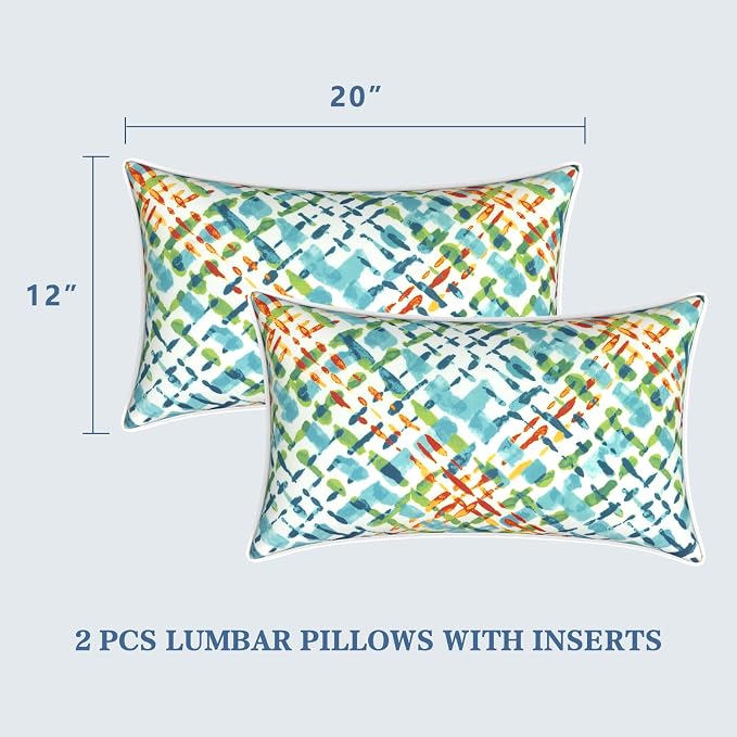 LVTXIII Set of 2 Outdoor Lumbar Pillows for Patio Furniture with White Piping, 12"x20" Fade Resistant Patio Lumbar Pillows with Inserts for Home Coach Sofa Use, Acapa Opal Geometric
