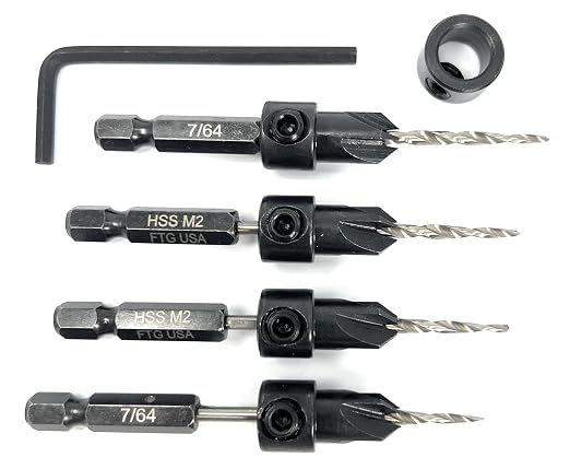 FTG USA Countersink Drill Bit Set 4 Pc #4 (7/64") Wood Bit, Tapered Bit, Stop Collar, Hex Wrench for Woodworking