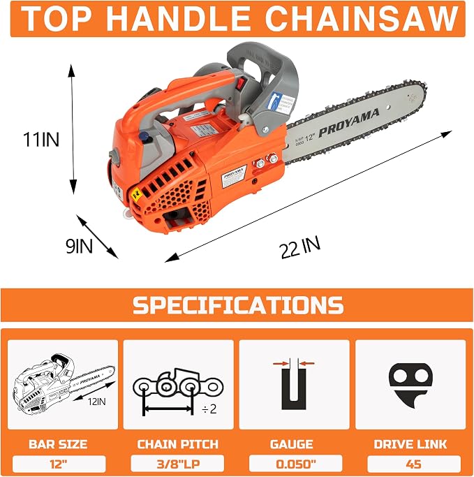 PROYAMA Gas Powered Top Handle Chainsaw, 12in Lightweight Petrol Chainsaw | 25.4cc Handheld Cordless Chain saw, EPA Certified, Easy Start Climbing Saw for Wood Cutting Tree Trimming Yard Work