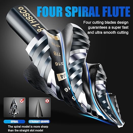 Four Spiral Flute M35 Step Drill Bit Set 1/8"-1"(9 Sizes), 3/8" Shank for Metal Step Drill bit, Impact Resistant Cobalt Step Drill Bit, for Stainless Steel, Wood, Aluminum, Plastic