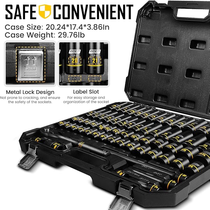 BOEN 1/2" Drive Impact Socket Set, 65-Piece Standard SAE (3/8" to 1-1/4") & Metric (10mm-24mm) Deep & Shallow Socket with Embossed Painted Marking, Includes Adapters, Ratchet Wrench, Extension Bars