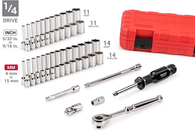TEKTON 1/4, 3/8, 1/2 Inch Drive 6-Point Socket and Ratchet Set | SKT95304 | 212-Piece, (5/32 - 1-5/16 in., 4 - 32 mm), Shallow and Deep, Case