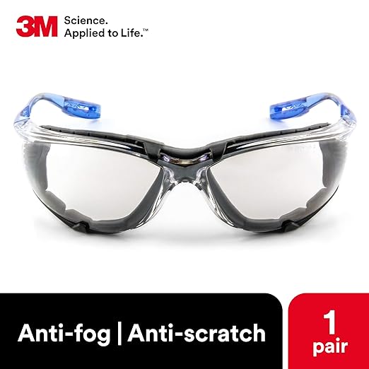 3M Safety Glasses, Virtua CCS, ANSI Z87, Anti-Fog, Indoor/Outdoor Mirrored Lens, Blue Frame, Corded Ear Plug Control System, Removable Foam Gasket, Pack of 1