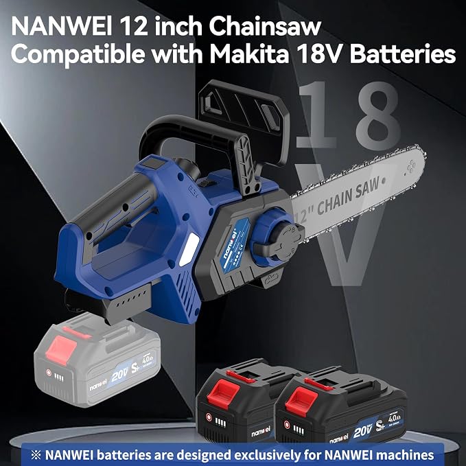 NANWEI Battery Chainsaw 12 inch, Brushless Motor, 2 x4.0Ah Batteries and Charger, Auto Oiling, Tool-Less Adjustment, Battery Powered Chainsaw For Wood,Tree Cutting (With Batteries)
