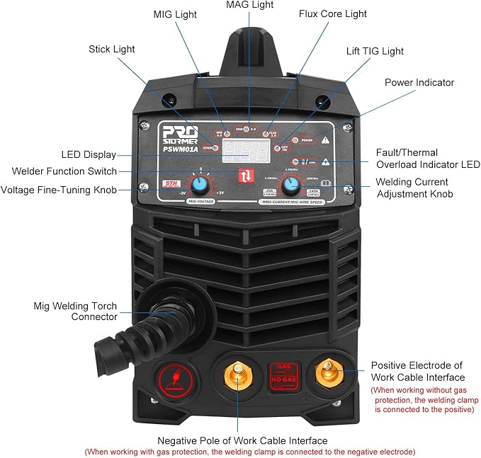 Prostormer Welding Machine, MIG/TIG/MMA 3 in 1 Multifunctional Welder with Digital Display, Electrode Holder, Earth Clamp, Input Power Adapter Cable and Brush