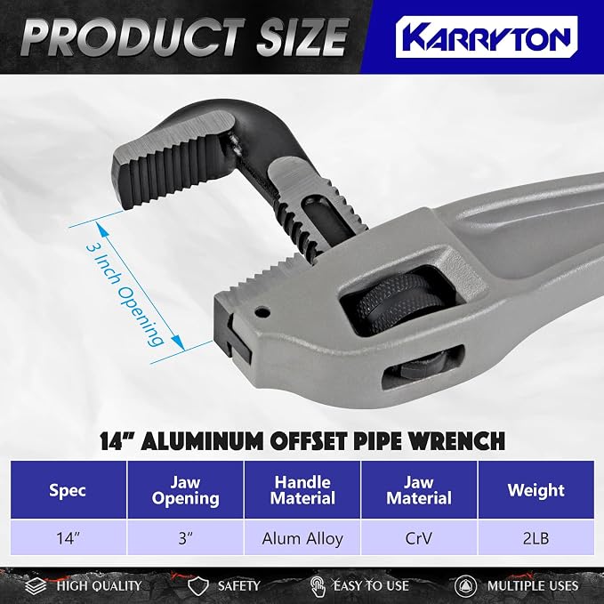 14 Inch Aluminum Offset Pipe Wrench, 3"/76mm Adjustable Jaw Capacity, Heavy Duty Plumbers Wrench with Drop Forged Steel Jaw(CR-V), Perfect Plumbing Tool Exceed GGG Standard