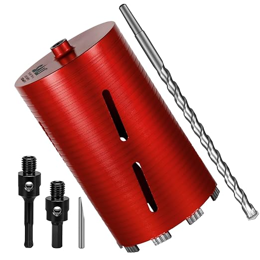 SALI Diamond Core Drill Bits 6" Diameter 10"/254mm Drilling Depth 5/8-11" Thread Core Bit Turbo Laser-Welded Segments for Cured Concrete with Brick Block Masonry with Two Adapters（Red）
