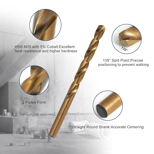 Cobalt Drill Bits, M35 HSS Drill Bit Set 15 Pcs, 135° Tip Twist Jobber Length Kit for Metal,Cast Iron,Stainless Steel,Plastic and Wood with Indexed Storage Case (1/16"-3/8")