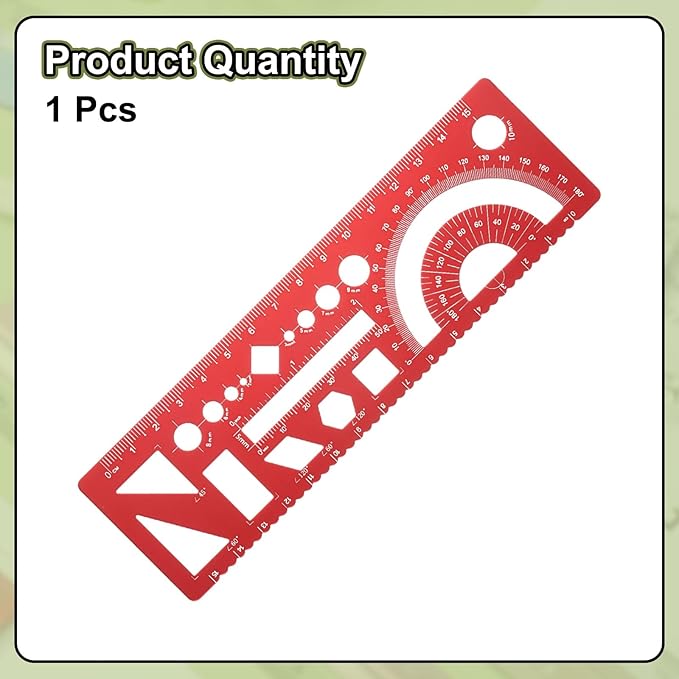 HARFINGTON Multifunctional Geometric Rulers 15cm Metric and SAE Aluminum Straight Edge Protractor Angle Math Measuring Ruler Geometric Drawings Templates for Drawing Drafting, Red