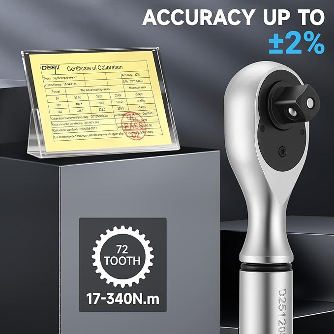 DISEN 1/2" Digital Torque Wrench 17-340Nm 4 Mode Alert 5 Unit ±2% Accuracy | Chrome vanadium steel | Adjustable torque limits | LED display | Buzzer notification | For automotive motorcycle bike