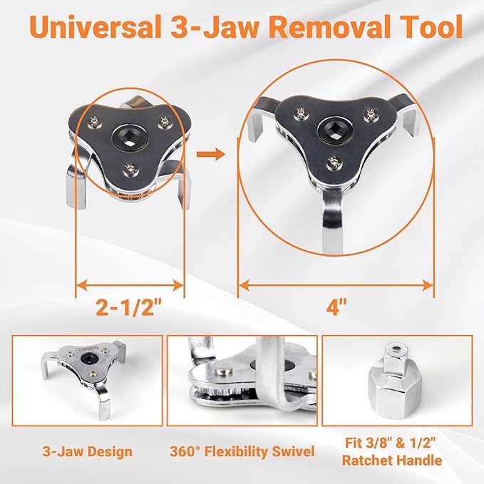 8PC Oil Filter Wrench Set with Swivel Oil Filter Wrenches Cover 2-3/4" to 5-1/4", 9" & 12" Adjustable Oil Filter Pliers, Universal 3-Jaw Oil Filter Removal Tool with 1/2" to 3/8" Adapter
