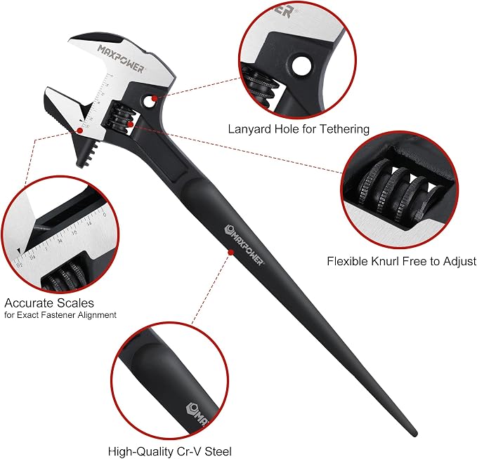 MAXPOWER 16-inch Adjustable Construction Spud Wrench, 4 in 1 Multifunctional Use for Adjustable Wrench and Hammer, Max Jaw Capacity up to 1.57"