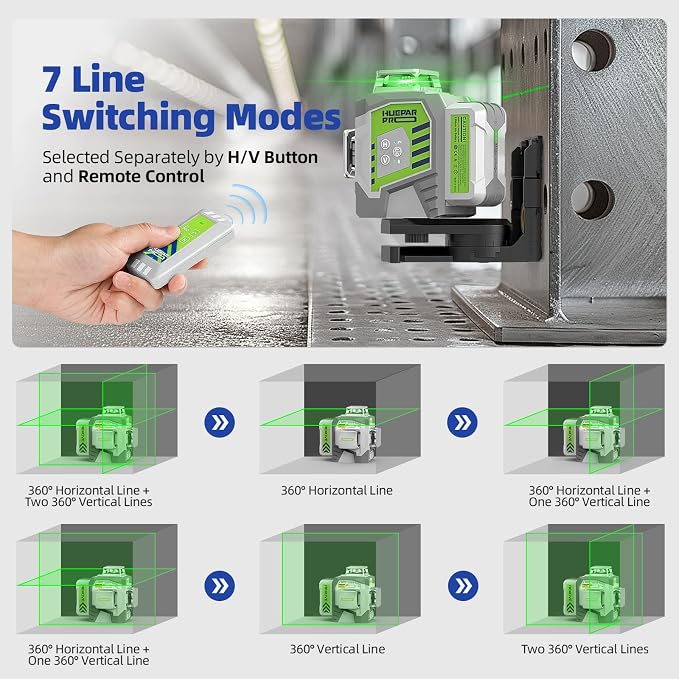 Huepar Pro Laser Level 360 Self Leveling, 3x360° High Accuracy Green Cross Line Laser for Construction and Picture Hanging, 12 Lines Level Laser Tool with Rechargeable Battery & Remote Control